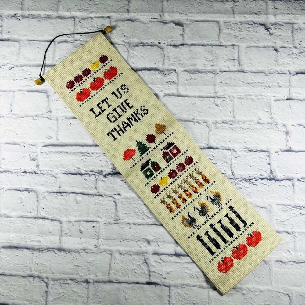 Vintage Thanksgiving Cross Stitch Wall Hanging Let Us Give Thanks Fall Decor